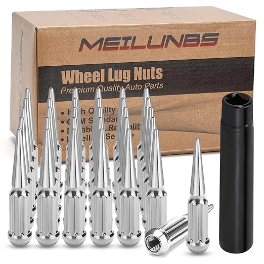 32Pcs M14x1.5 Spike Lug Nuts, 4.4" Tall Acorn Style with Socket Key – Compatible with Chevy Silverado, Ford F-Series, GMC, Chrome