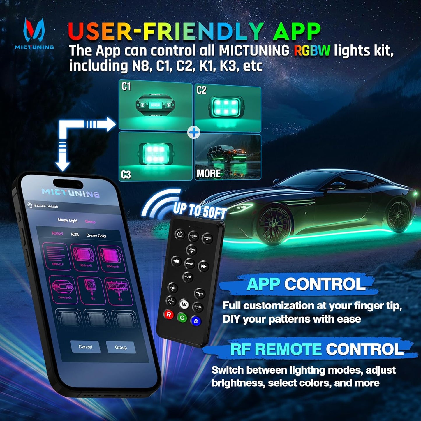 MICTUNING 8Pcs N8+ RGBW Underglow LED Lights for Cars, APP & Remote Dual Control, IP68 Waterproof Aluminum Multicolor Modes Music Soundsync Exterior Neon Accent LED Light Bar, 2 Years Warranty