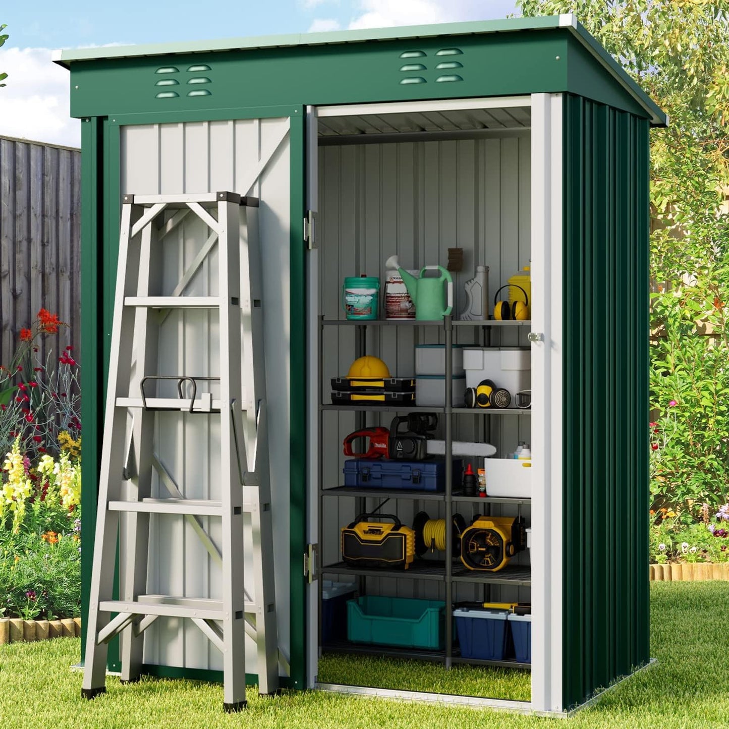 Gizoon 5' x 3'Outdoor Storage Shed with Singe Lockable Door,Galvanized Metal Shed with Air Vent Suitable for The Garden,Tiny House Storage Sheds Outdoor for Backyard Patio Lawn-Green
