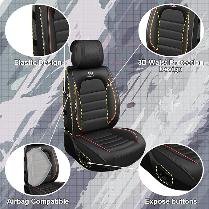Full Set Car Seat Covers for GMC Sierra 1500/2500/3500 Denali SLT AT4 AT4X Base Seat Covers 2008-2025, Waterproof Premium Nappa Leather Seat Protectors(Standard 5 Seats/Black&Red)