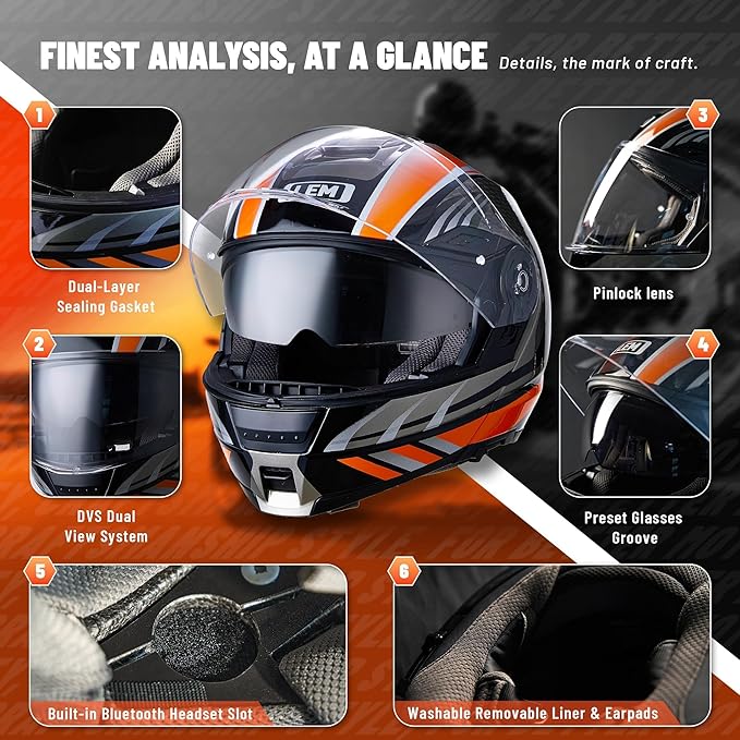 LEM Modular Motorcycle Helmets Fiberglass, Full Face Motorcycle Helmet Flip Up for Touring, DOT Certified, Release Sun Visor & Removable Comfort Liner, Lightweight Street Bike Helmet (Orange, L)