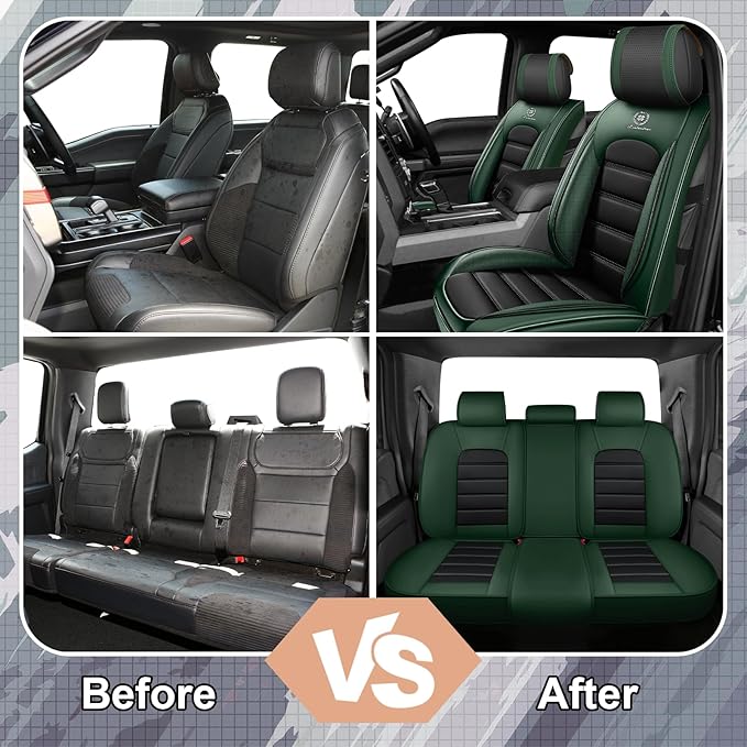 Full Set Car Seat Covers for GMC Sierra 1500/2500/3500 Denali SLT AT4 AT4X Base Seat Covers 2008-2025, Waterproof Premium Nappa Leather Seat Protectors(Standard 5 Seats/Black&Green)