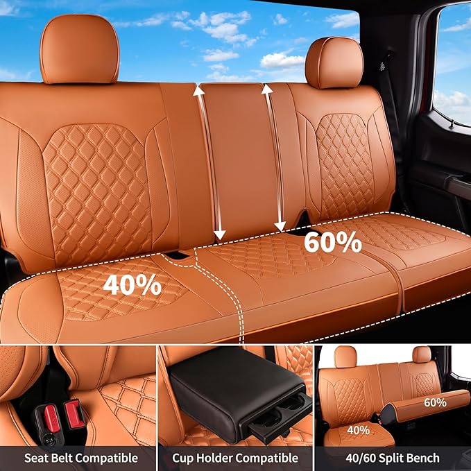 Huidasource F150 Truck Seat Covers Fit for 2015-2025 Ford F150 & 2017-2025 F250 F350 F450 Crew Cab XL XLT Lariat King Ranch Platinum, Full Coverage Leather Automotive Seat Cover(Full Set/Brown)