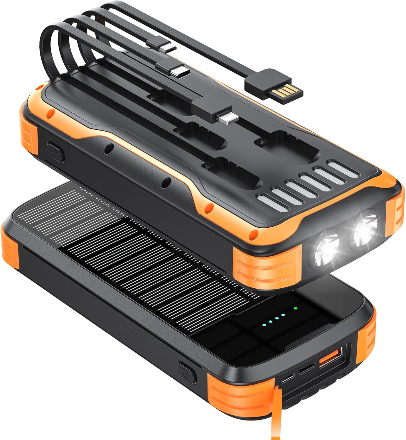 Solar Charger Power Bank, 40000mAh Portable Phone Charger Built in 4 Cables with USB C in/Output, PD 20W Fast Charging Portable Charger, External Battery Pack with Dual Bright Flashlights