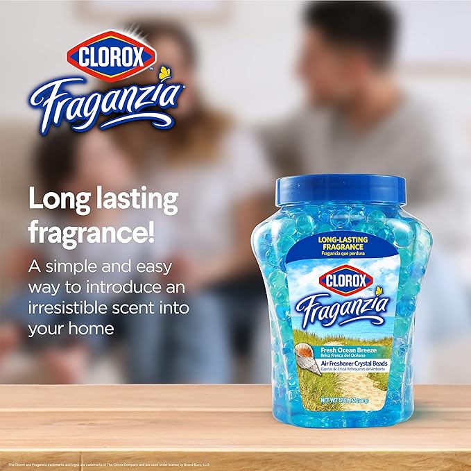 Clorox Fraganzia Crystal Beads Air Freshener in Fresh Ocean Breeze Scent - Long-Lasting Room Deodorizer - Odor Eliminator Gel Beads to Freshen Home, Car, or Office, 12 Fl Oz