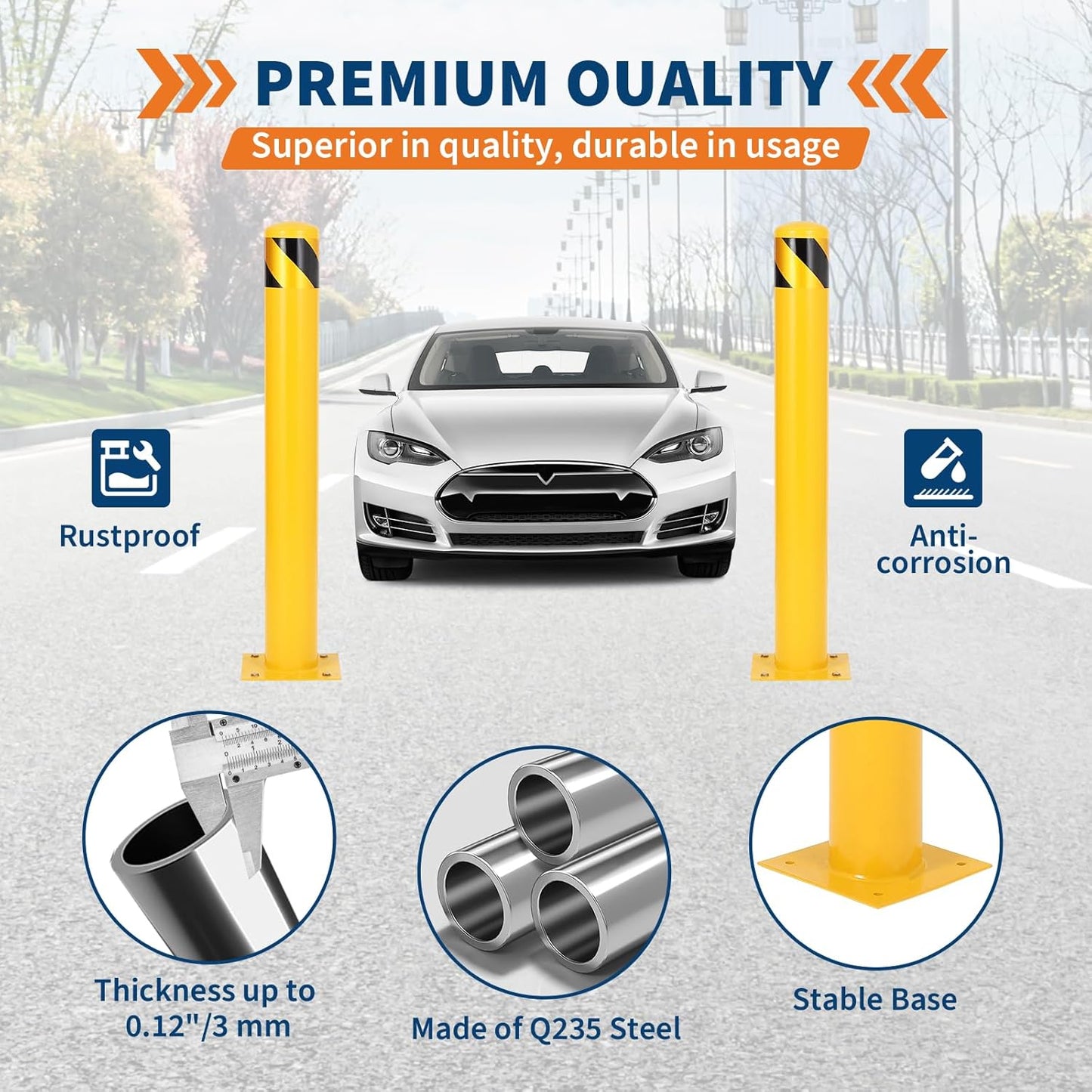 4.5x48 Inch Safety Bollard Post - Yellow Steel Bollard with Anchor Bolts (6-Pack) for Parking Lots, Walkways & Traffic Areas