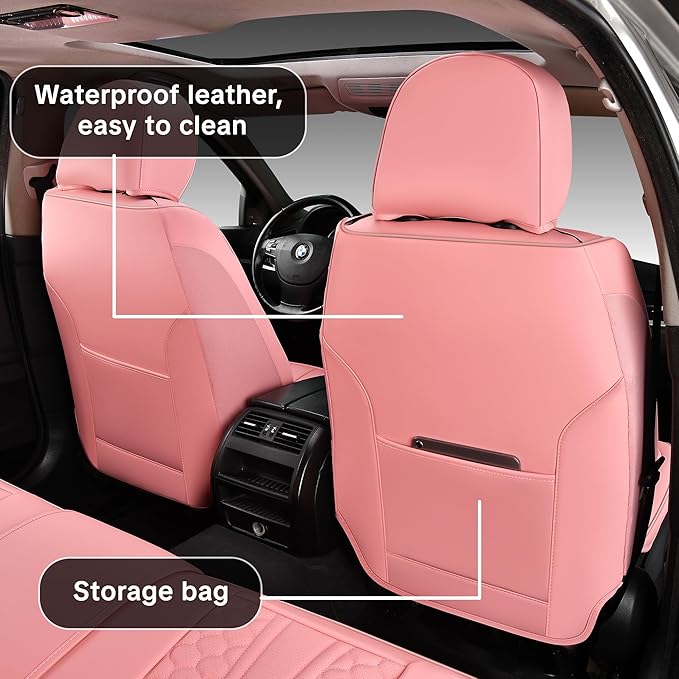 Pink Car Seat Covers Full Set – Stylish Leather Waterproof Seat Protectors for Cars, SUVs & Trucks, Airbag Compatible, Non-Slip Design, Easy to Install, Fits Most Vehicles
