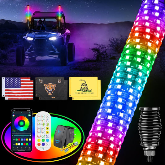 2FT Fat Whip Lights for UTV ATV with Spring Base, Led Fatty Whip Light W/Rocker Switch & 6 Flags, Brighter Spiral Chasing Lighted Antenna Whip with APP & Remote Control for RZR SXS Can-Am
