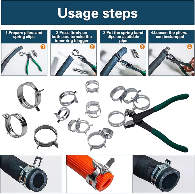 Automotive spring hose clamps 24-38 mm, 62 pcs fuel coolant pipe clamp tools in 8 sizes, used to fix hose interfaces in automotive, marine, gardening, and industrial applications