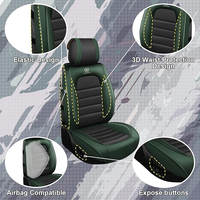 Full Set Car Seat Covers for GMC Sierra 1500/2500/3500 Denali SLT AT4 AT4X Base Seat Covers 2008-2025, Waterproof Premium Nappa Leather Seat Protectors(Standard 5 Seats/Black&Green)