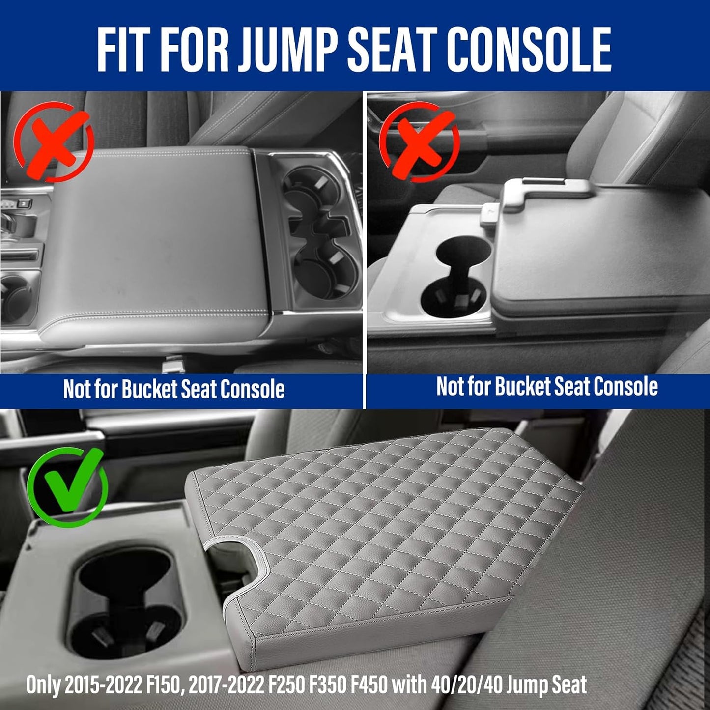 Center Console Armrest Cover for Ford F150 2015-2022, F250 F350 F450 F550 2017-2022, PU Leather Car Interior Accessories, Middle Console Cover Box Lid Protector Cushion Pad (40/20/40 Split Seat Only)