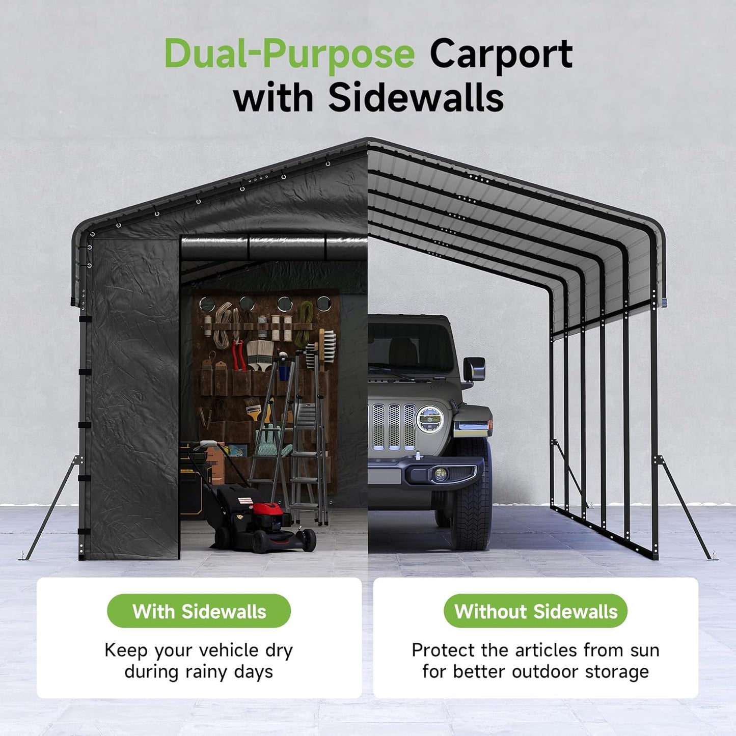 Real Relax 13' x 26' Heavy Duty Metal Carport, Outdoor Garage Car Shelter Shade with Removable Sidewalls, Extra Long Heavier Metal Frame for SUV Trucks and Boats, Gray