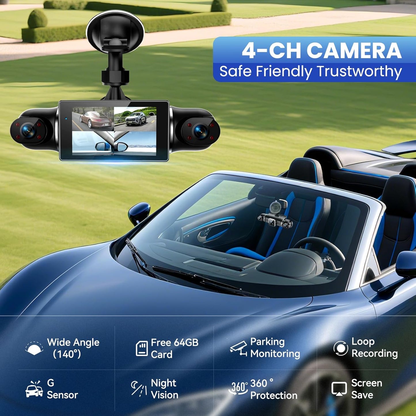 360°View 4 Channel Dash Cam, 2K+1080P Front and Rear Inside Left Right, Wireless Dash Camera for Cars, Built-in G-Sensor, IR Night Vision, 24H Parking Mode, 64GB SD Card, Loop Recording, APP Control