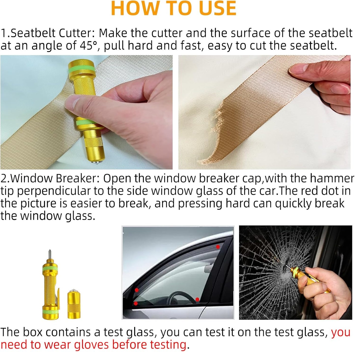 Allelic Car Window Breaker Tool, Window Breaker Seatbelt Cutter, Window Breaker, Glass Breaker, Spring-Loaded Window Breaker for Land & Underwater (Gold, 2 PCS)