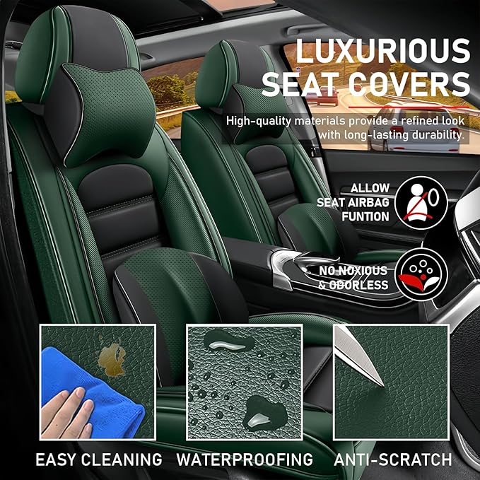 Car Seat Covers Fit for Toyota Highlander 2000-2025 | 7 Seat Car Seat Cover | No-Slip Waterproof Breathable Faux Leather Automotive Seat Covers Auto Interior Covers Black Green,Full Set with Pillow