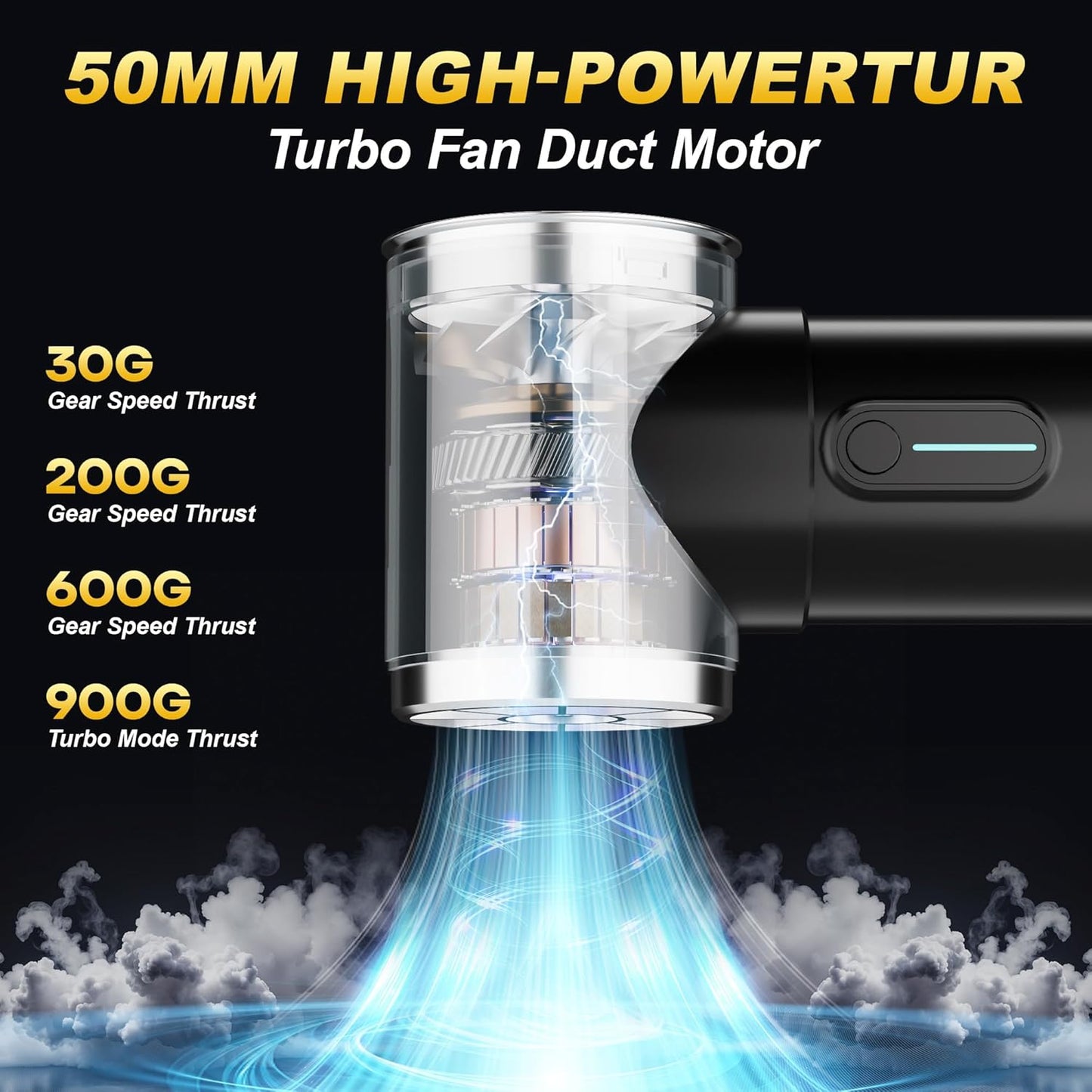 Oversize Turbo Dryer Blower for Car & Yard, 600W&50MM Cordless Electric Leaf Blower, 4 Speeds, 900g Max Thrust, for Cleaning Car Dust, Sweeping Leaves & Snow，Lawn Care (Soot Black)