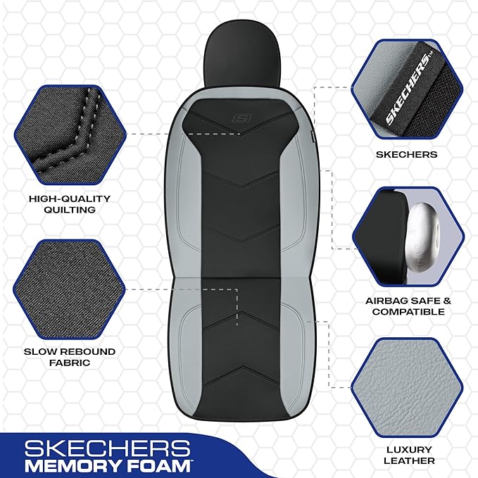Skechers Memory Foam Seat Covers,Leather Car Seat Covers, Ultimate Comfort & Support Seat CoversFull Sets,Airbag Compatible, Automotive Universal Fit Most for SUVs, Vans, Sedans, Cars, Trucks,Gray