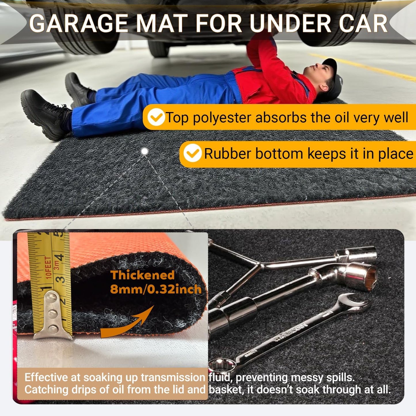 Oil Spill Garage Floor Mat, Heavy Duty 64" x 32" 8mm Thick Garage Mat for Floor Under Car, Absorbent Waterproof Non-Slip Rubber Backing Reusable Washable Maintenance Pad for Working, Black