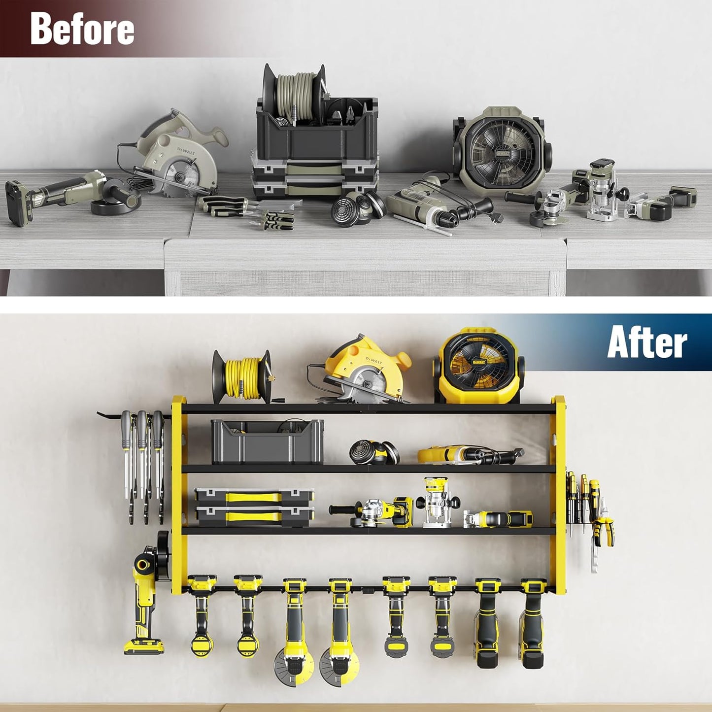 Tomorotec Wall-Mounted Power Tool Storage Rack for Drill, Toolbox & Accessories, Heavy-Duty Steel Organizer with Side Hooks and Adjustable Shelves, Easy Installation Garage & Workshop Storage (Yellow)