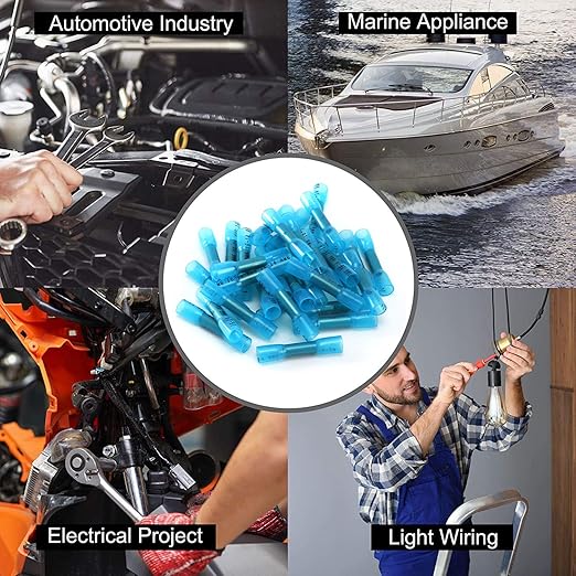 Heat Shrink Butt Connectors, 200Pcs 16-14 AWG Blue Insulated Waterproof Electrical Wire Connectors Automotive Marine Grade Wire Crimp Terminals Butt Splices, Ideal for Boat, Truck, Stereo