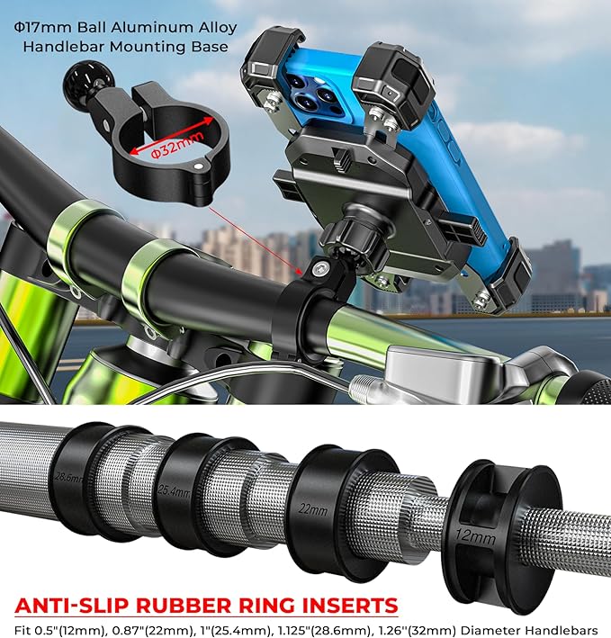 Motorcycle Phone Mount, 1s Lock Bike Phone Holder, One-Handed Operation Motorcycle Cellphone Mount with Aluminum Alloy Handlebar Mounting Base for Bicycle Scooter, Fit 5.4"-7" Smartphone