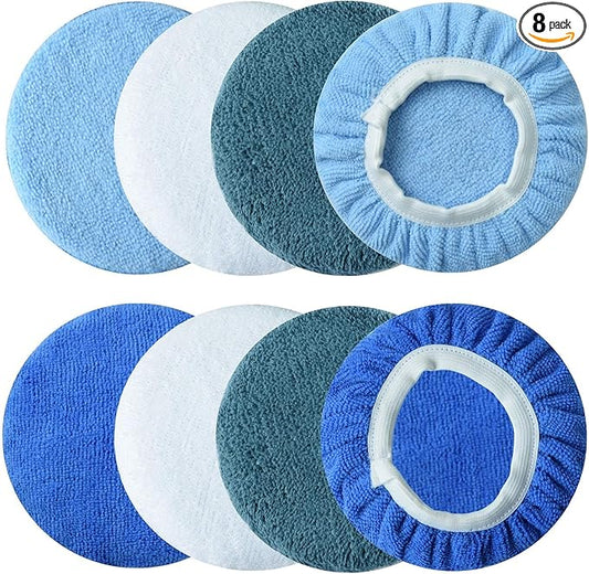 Boltigen 8pcs 9-10 inch Polishing Pad Bonnets 8 Pack 4 Color 9'' to 10'' Orbital Polishing Pad Microfiber Coral Fleece Bonnet Car Buffer Polisher Waxing Covers for Automobile Glass Cleaning and Polish