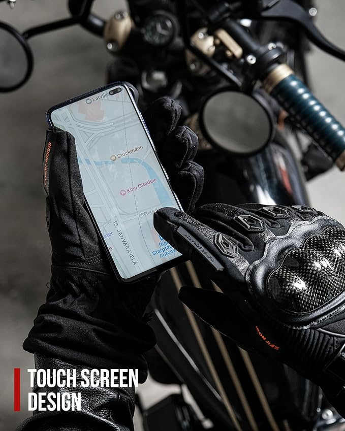 BORLENI Winter Motorcycle Gloves for Men, CE Level 1 KP Protection, Touchscreen Windproof Waterproof Warm Riding Gloves with Carbon Fiber Shell for Cold Weather