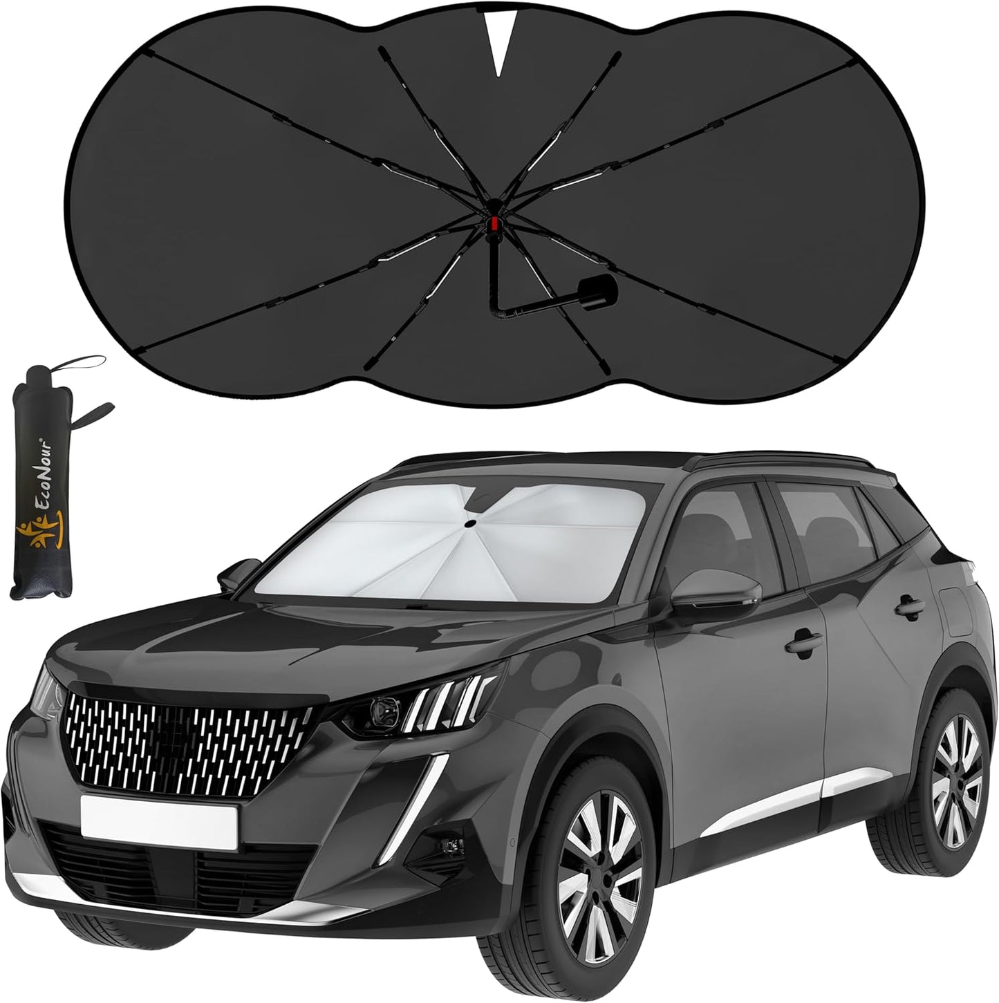 EcoNour Car Windshield Sunshade Umbrella | Foldable Car Umbrella Sun Shade Cover | Front Windshield Shade for Heat and UV Rays Protection | 240T Polyester Umbrella Sunshade | Large (57"x35")