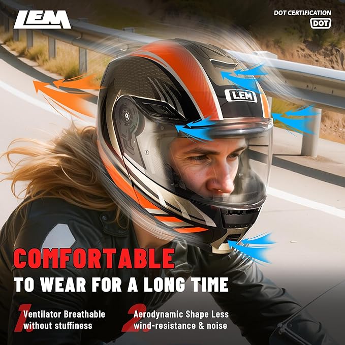 LEM Modular Motorcycle Helmets Fiberglass, Full Face Motorcycle Helmet Flip Up for Touring, DOT Certified, Release Sun Visor & Removable Comfort Liner, Lightweight Street Bike Helmet (Orange, S)