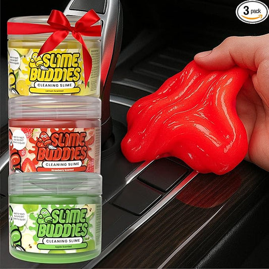 Slime Buddies Cleaning Slime | (3 Pack) 1 Lemon, 1 Apple, 1 Strawberry Scented Car Cleaning Gel | Car Interior, Cup Holder, & Keyboard Detailing Tool | Reusable Putty for Loose Dust & Dirt