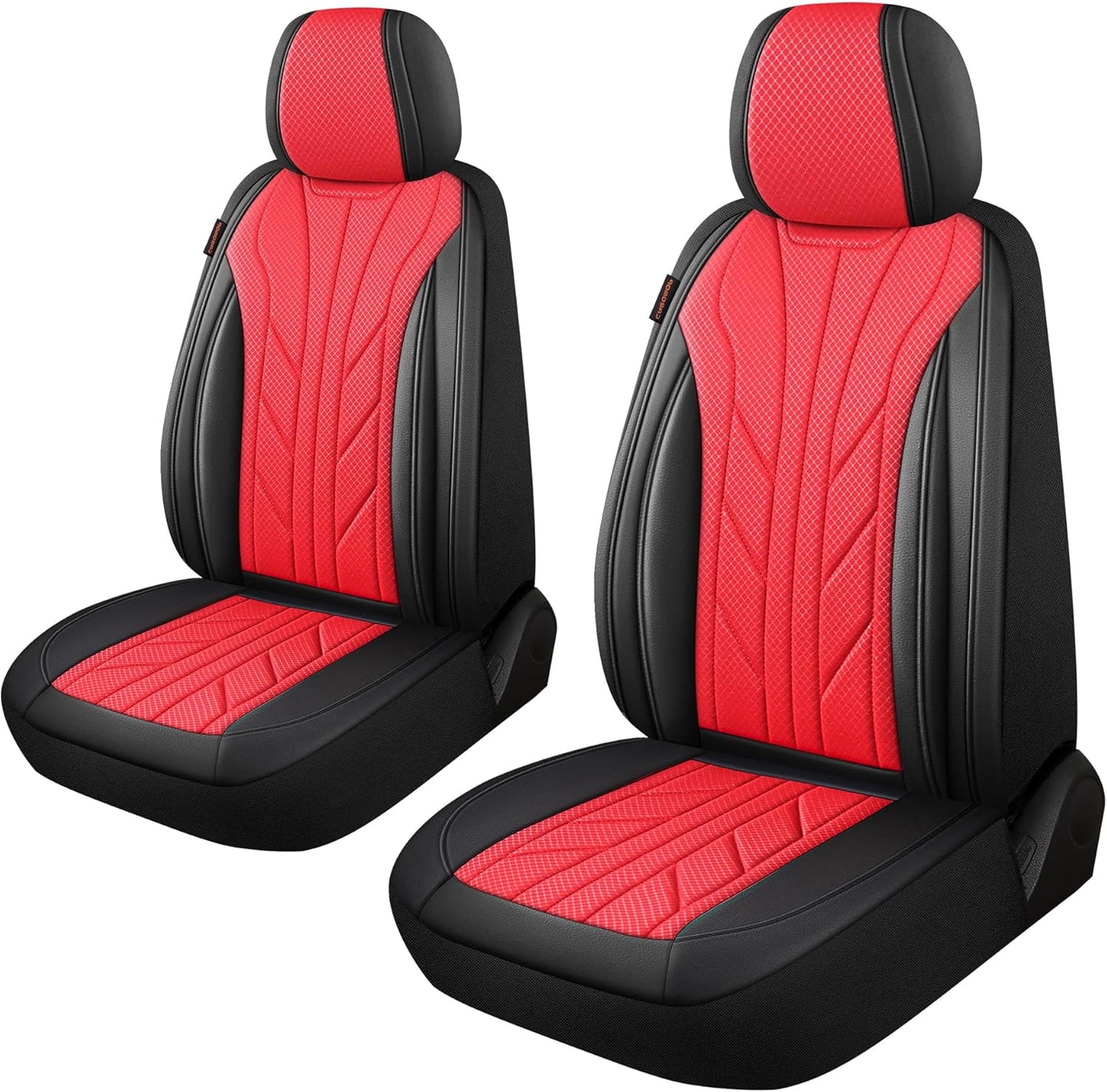 CAROMOP Luxury Faux Leather&Fabric Car Seat Covers 2 Front Seats with Breathable 3D Foam Back Support, Universal Seat Covers for Cars,Trucks,SUVs, Front Armrests Compatible(Black/Red)