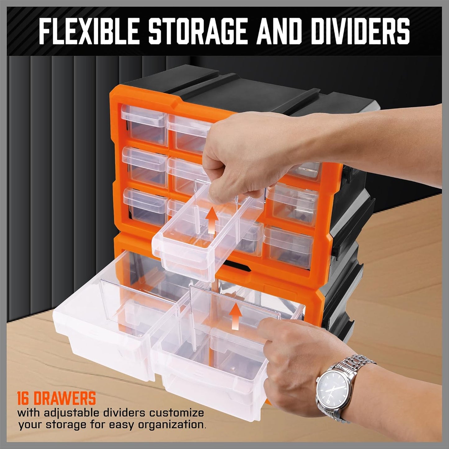 HORUSDY 16-Drawer Storage Cabinet, Wall Mountable Parts Organizer for Hardware, Tools, Screws, Beads, Crafts, Garage, and Office Storage, Customizable Dividable Drawers, Heavy-Duty & Durable