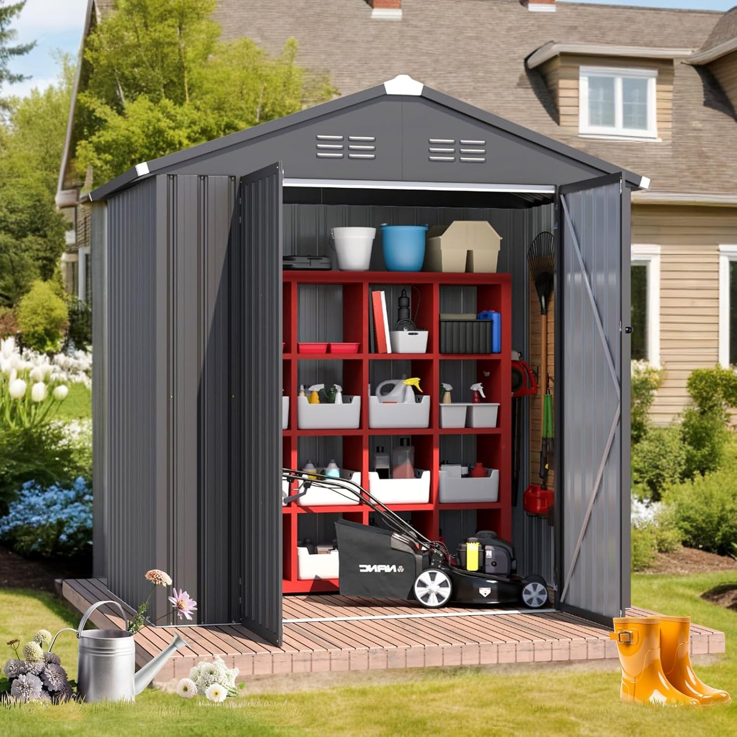 AECOJOY Shed 6' x 4' Storage Shed, Dark Grey Metal Sheds & Outdoor Storage Clearance, Utility and Tool Garden Shed with Lockable Doors for Backyard, Patio, Outside Use