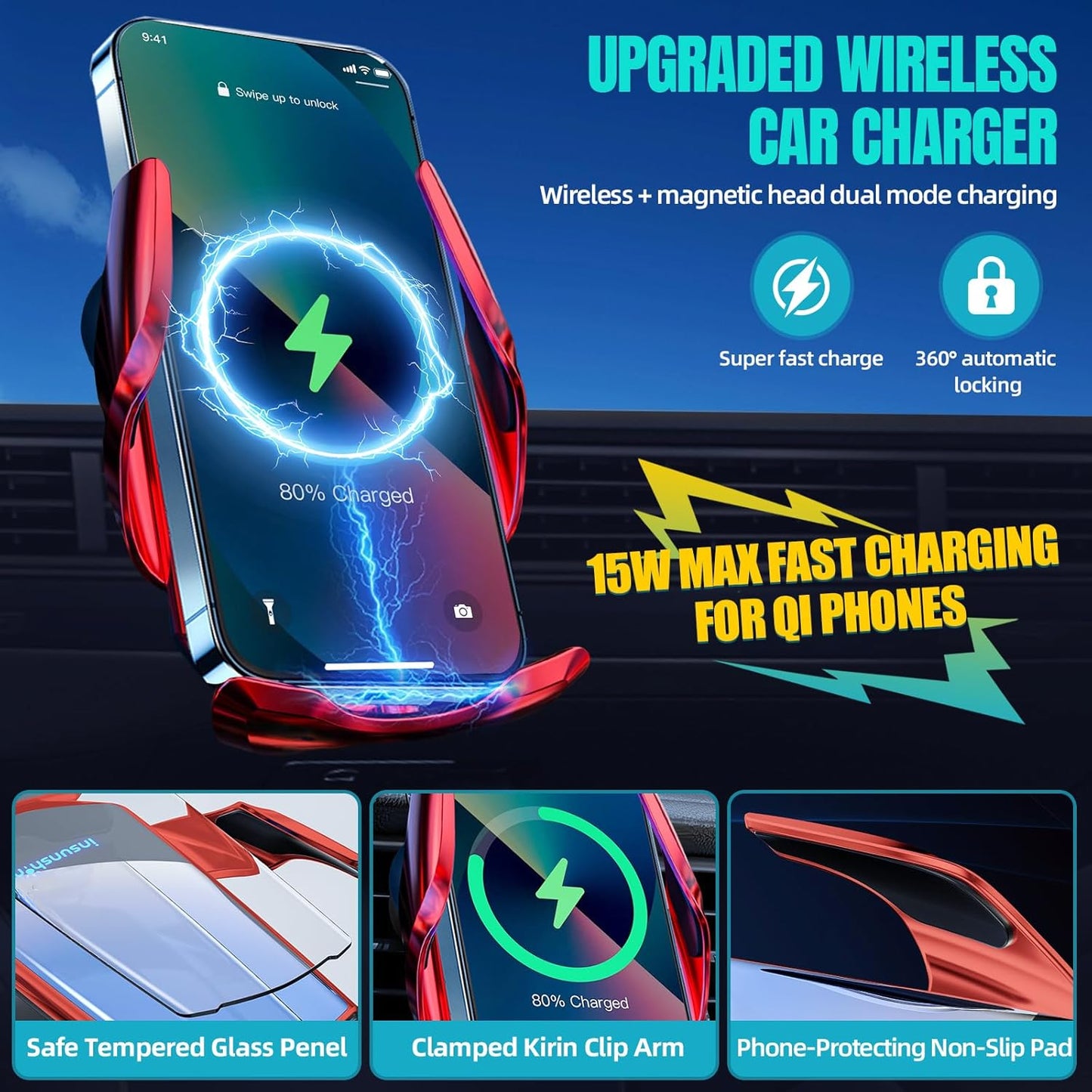 Wireless Car Charger, MAX 15W Fast Charging Auto Clamping, Sensing Phone Holder Mount, fit for iPhone 16 15 14 13 12 Pro Max Xs X, Samsung Galaxy S24 Ultra S23 S22 S21 S20 Note20 (4-Red)