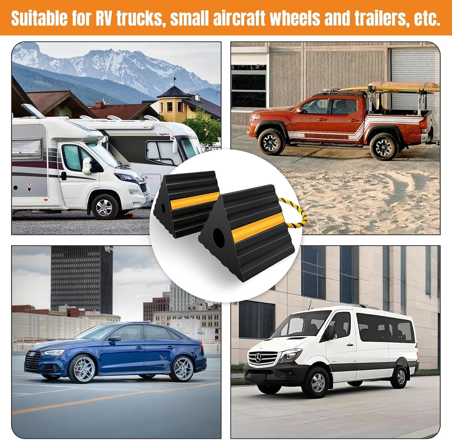 Rubber Wheel Chocks for RV Trailer Camper Truck Car Aircraft Boat, Versatile Rubber Chocks Block Stopper for Tire with Reflective Strips, Utility Trailer Camper RV Accessories