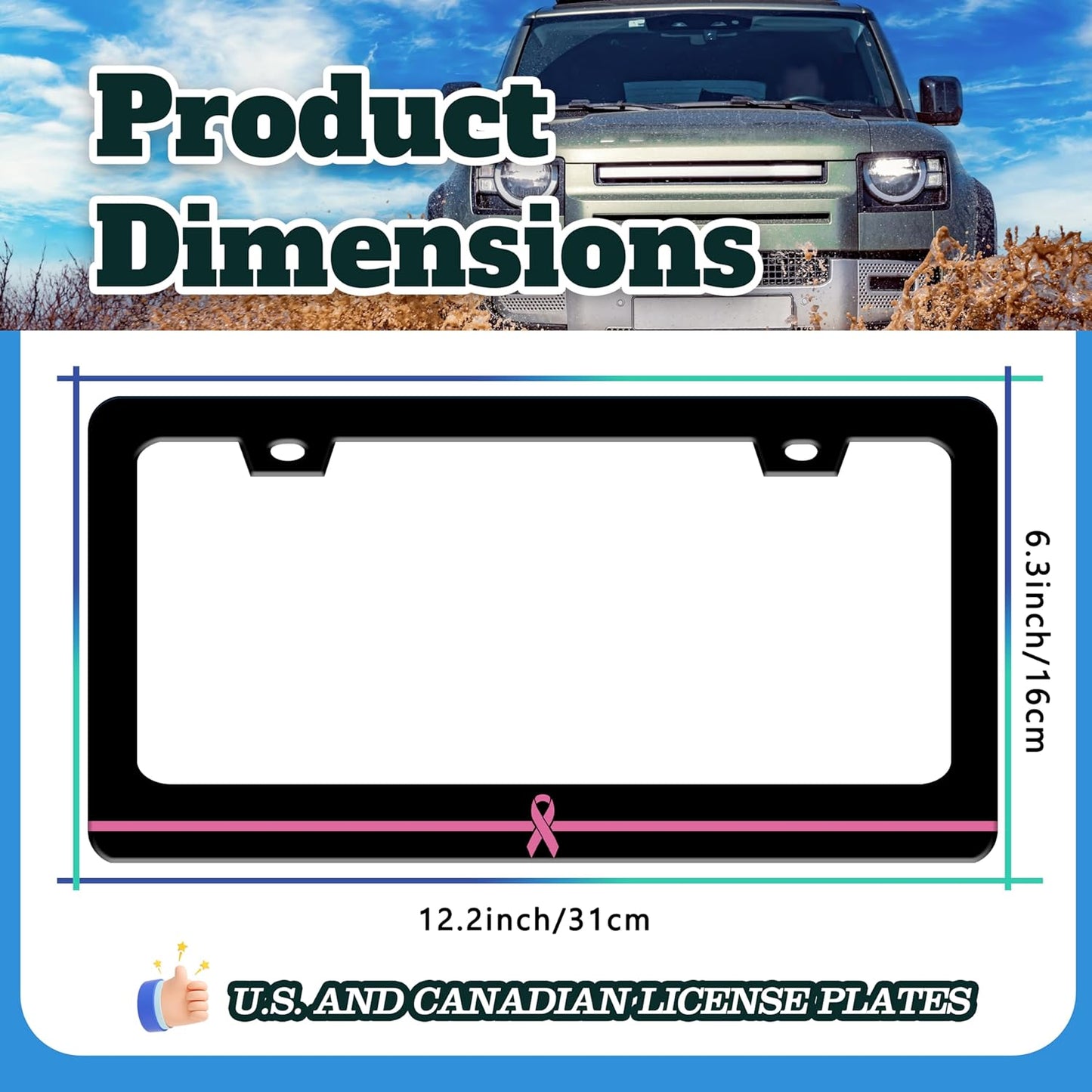 Breast Cancer Awareness License Plate Frame Pink Ribbon License Plate Holder for Front or Rear Car Tags Stainless Steel Funny Car Decoration with Screws 6.3 X 12.2 in
