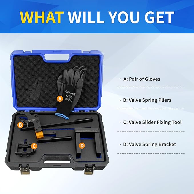 Valve Pressure Spring Installer Remover Tool Kit, Valve Spring Removal Pliers Compatible with BMW B38 B48 B58 Engines, Valve Slider Fixing Tool Set with Carrying Case & Gloves
