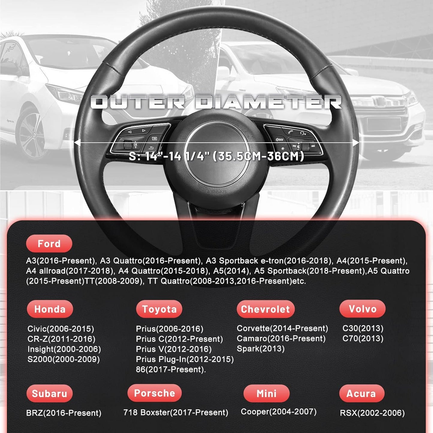 SEG Direct Car Steering Wheel Cover for Prius Civic Model 3 Model Y Camaro, Small Size 14-14.25 inch, Black and Red Microfiber Leather