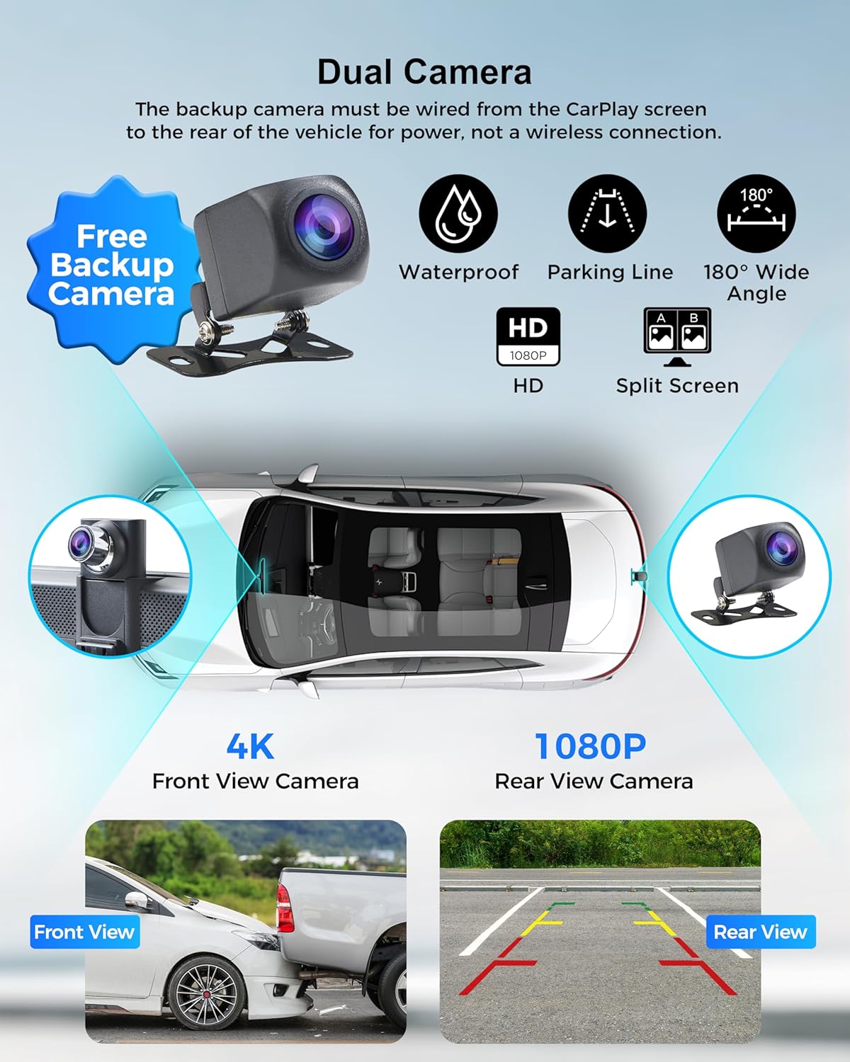 Wireless Car Stereo Carplay Screen with 4K Dash Cam, 8.1'' Portable 2K Touch Screen with 1080P Backup Camera, GPS Navigation for Car Play, Android Auto, Voice Control, Mirror Link, DVR, Bluetooth