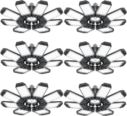 ISKYDRAW Garage Lights 6 Pack, 260W 26000LM Bright LED Garage Light with 8+1 Foldable Panels, Ceiling Basement Lights Screw in E26 E27 Socket Shop Bay Lighting for Workshop, Barn, Warehouse