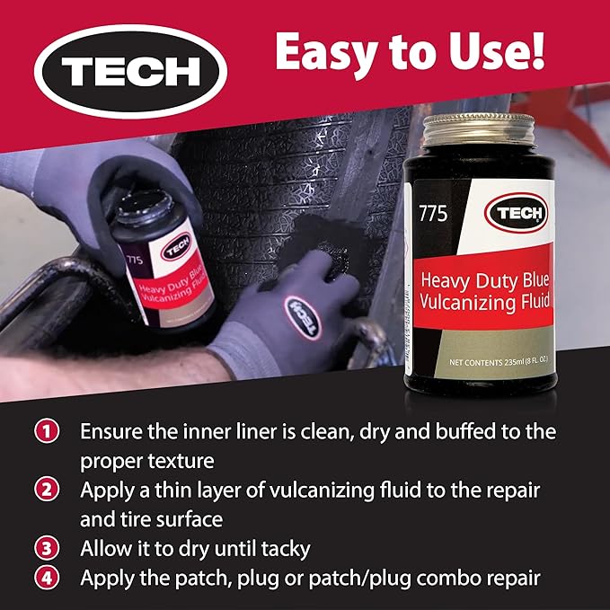 Heavy-Duty Blue Vulcanizing Fluid - Tire Repair Cement, Use with TECH Tire Stems and Patches, 8oz Bottle w/Brush Cap