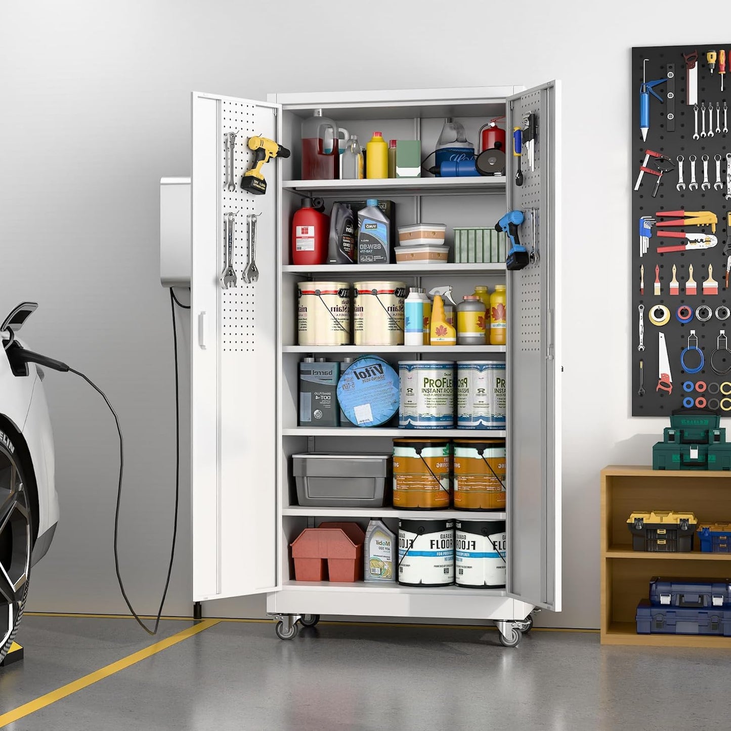 Garage Storage Cabinet with Pegboard and 5 Adjustable Shelves, 71'' x 32'' x 16''Metal Lockable Cabinet with Magnetic Doors,Tool Storage,Home Office Garage,Gym,School(White)