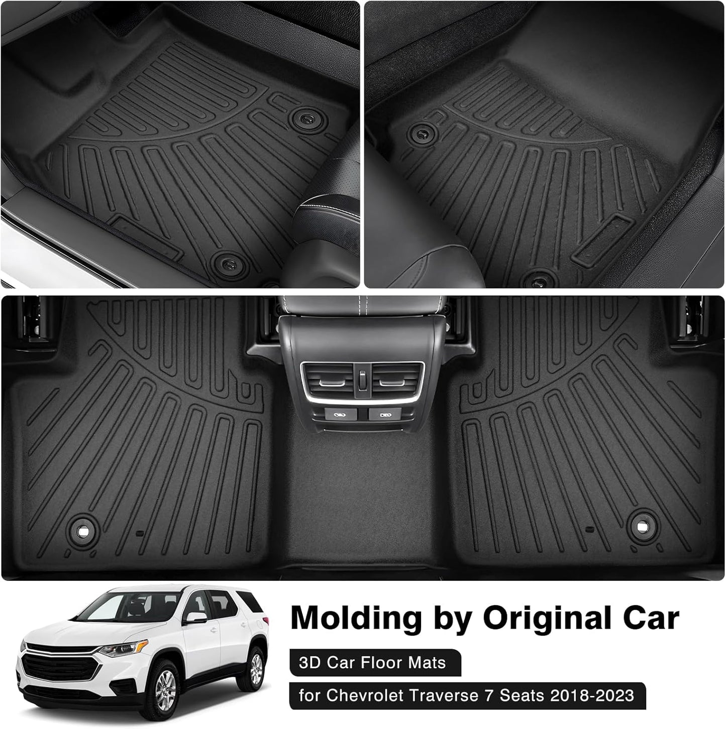 Powerty Floor Mats for 2018-2024 2025 Chevy Chevrolet Traverse 7 Seater Accessories All Weather Floor Liner 3D TPE Floor Mat Heavy-Duty Floor Liners((Only for with 2nd Row Bucket Seat)