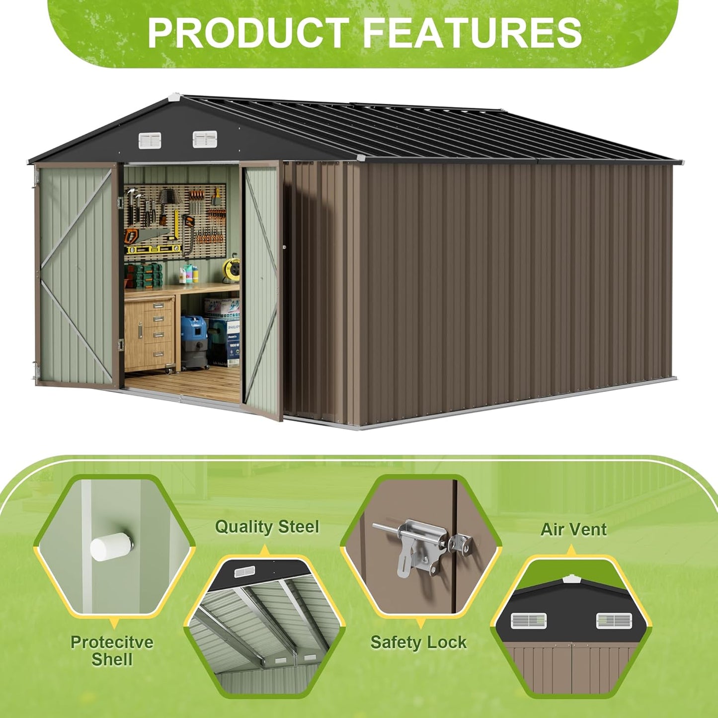 JUMMICO 8 x 10 FT Outdoor Storage Shed, Large Metal Garden Shed & Tool Sheds for Backyard Garden Patio Lawn (Brown)