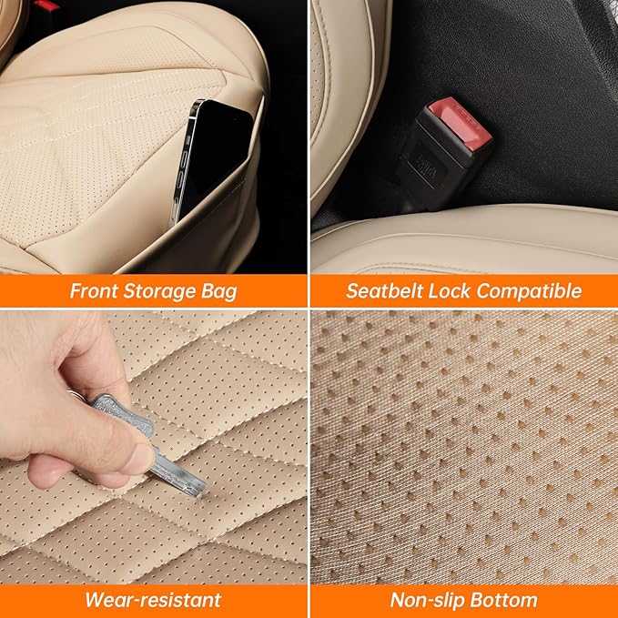 Car Seat Covers Front Seats Beige, Luxury Leather Automotive Seat Covers with Lumbar Support, Waterproof Car Seat Protector Universal Fit for Most Cars Trucks Pick-ups SUVs