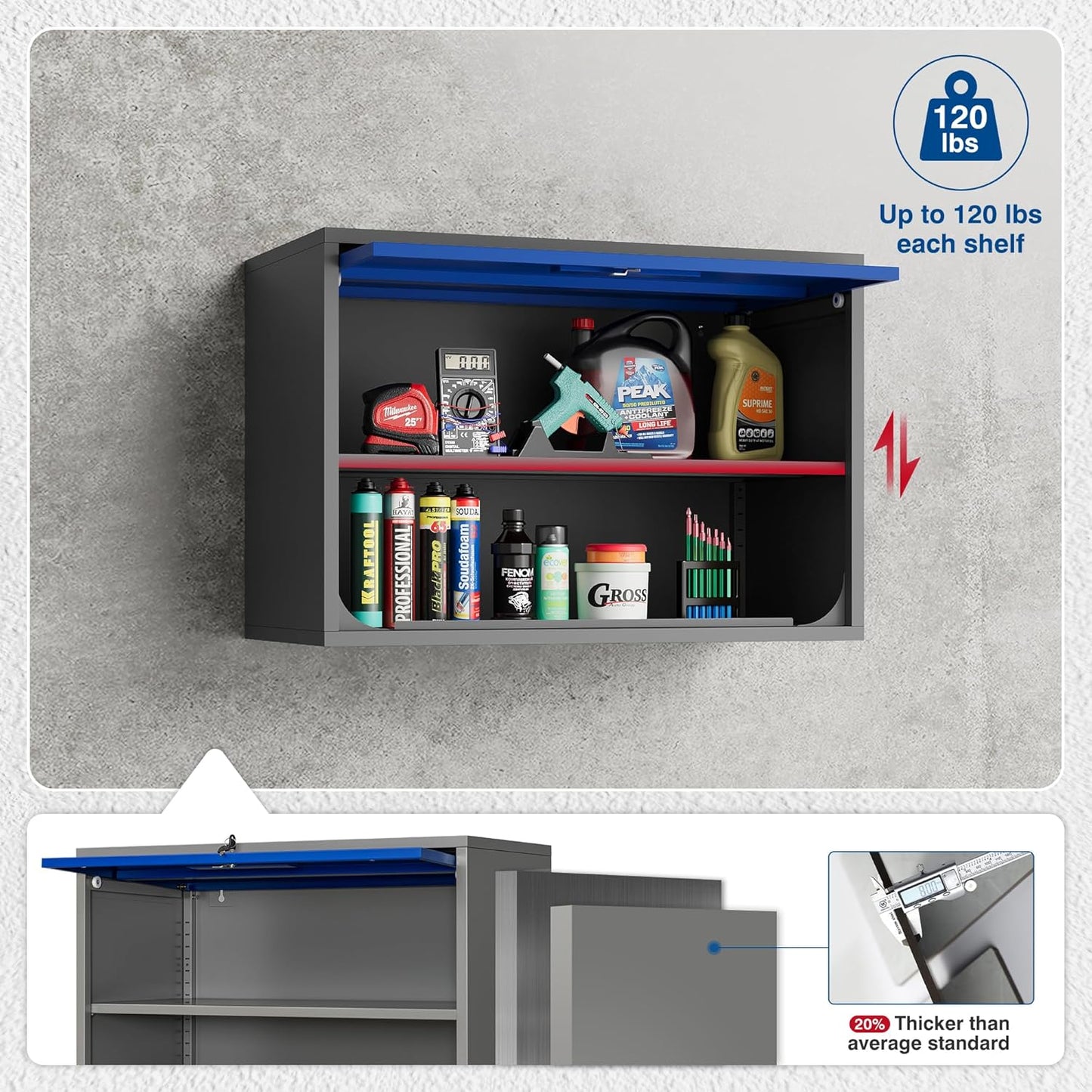 Metal Storage Cabinet Blue&Gray Wall Cabinets with Shelf and Locking Door - Wall Mounted Storage Cabinet for Garage Warehouse Home Office - Assembly Required
