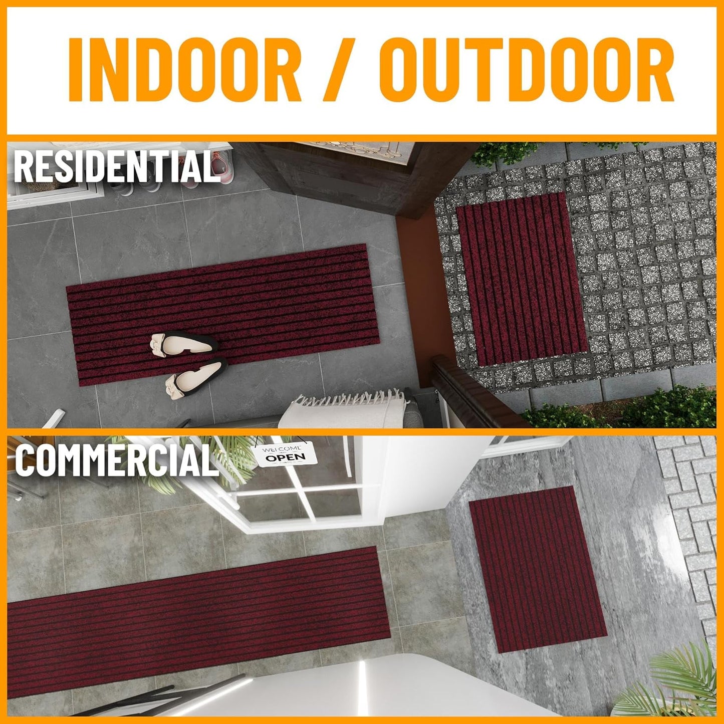 Ottomanson 2' x 11' Hallway Runner with Scraper Pile - Extra Durable Non-Slip Rug Mat for Indoor & Outdoor Use - Ideal for Kitchen, Entryway, Patio & Garage - High-Traffic Carpet, Red