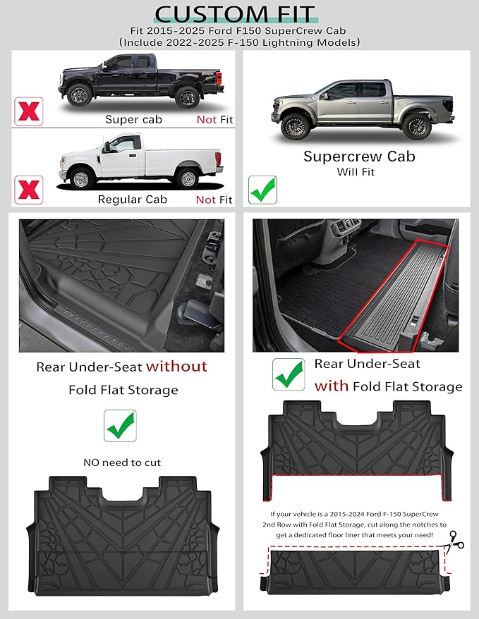 KARPAL Floor Mats Fit for 2015-2026 Ford F-150/2022-2025 F-150 Lightning SuperCrew (Rear with Fold Flat Storage), All Weather Custom Fit TPE 1st&2nd F150 Accessories Floor Liners