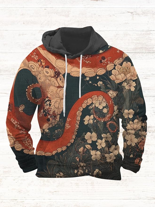 Mens Animal Print Graphic Hoodies Casual Long Sleeve Japanese Art Style Hooded Sweatshirt Lightweight Pullover Tops