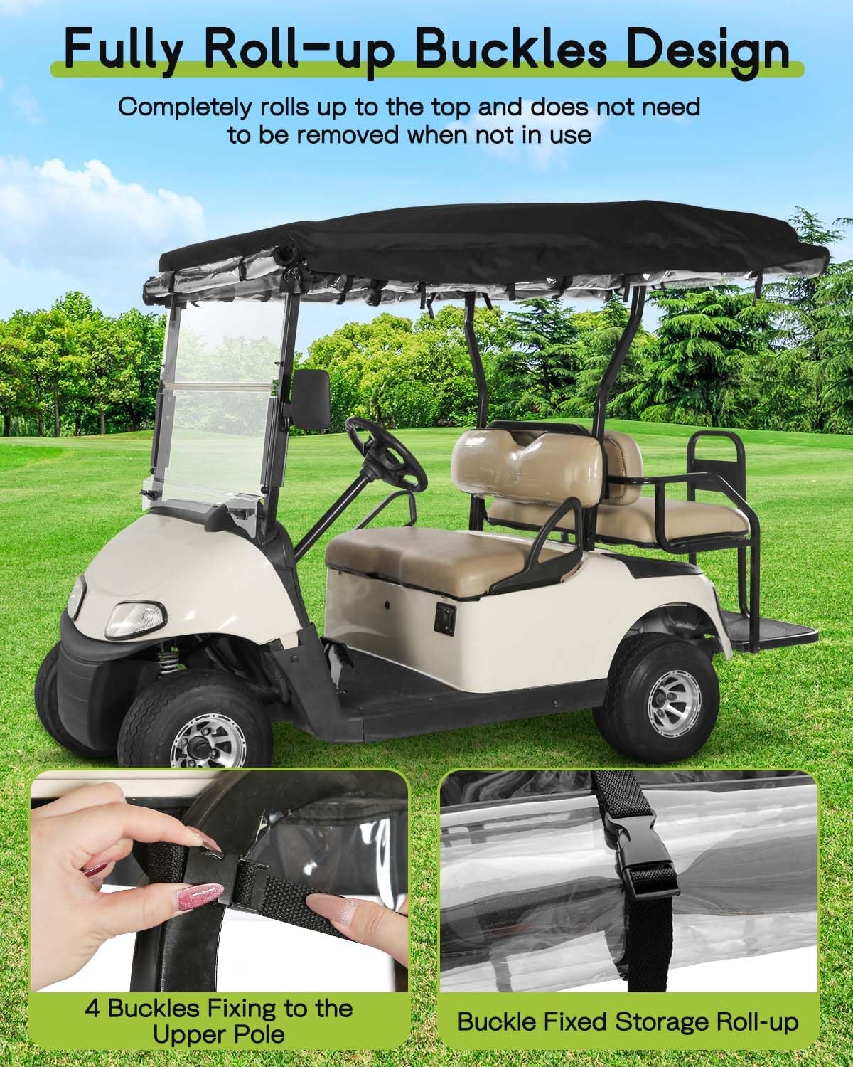 Golf Cart Enclosure 4 Passenger for EZGO RXV 2+2 Enclosure Waterproof Windproof Driving Rain Cover Fit 4-Seater Long Roof with 4-Sided Clear Windows Mirror Openings Roll-up Zipper Door Black